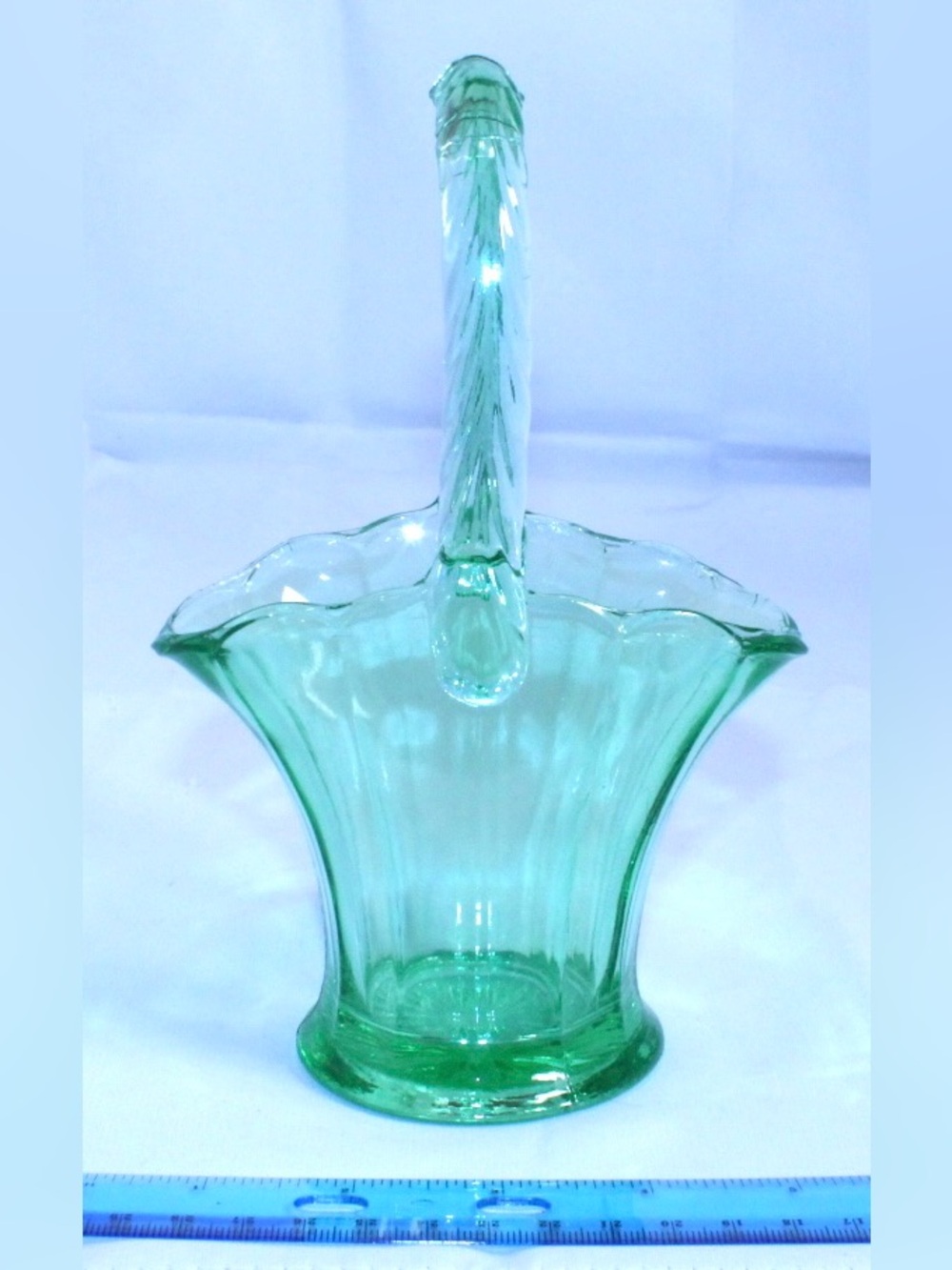 Vintage Fenton Green Uranium Glass Scalloped Bride’s Basket with Handle Vaseline